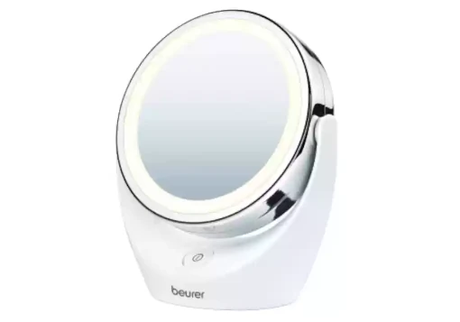 Espelho branco duplo, sem fios, portátil, com suporte e luz LED à volta do espelho.