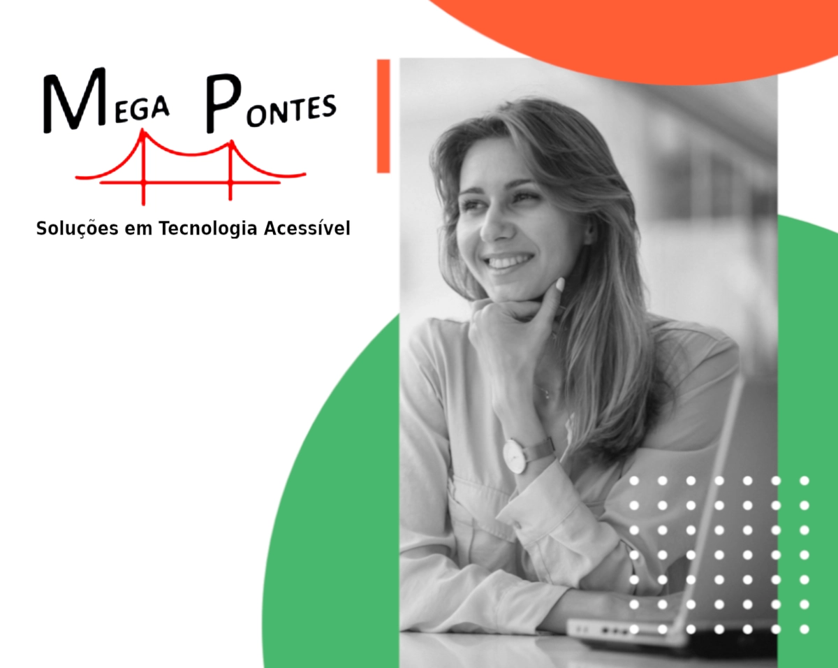 Assistente a sorrir junto a logo da MegaPontes: uma ponte estilizada a vermelho com letras a preto.