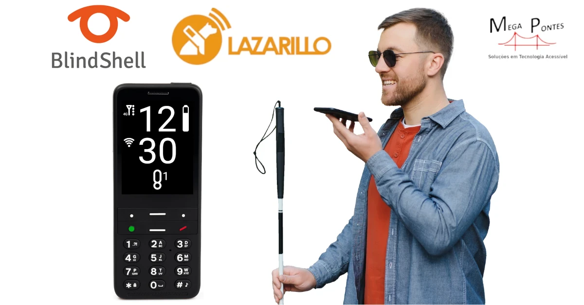 Homem cego a obter orientação do seu percurso através do Lazarillo no telemóvel BlindShell Classic 2+